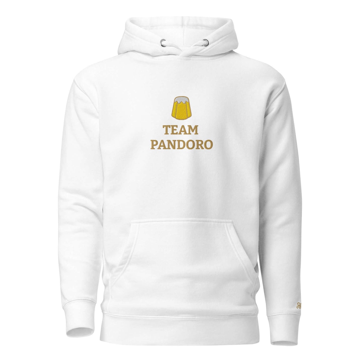 Felpa natale ricamata bianca con cappuccio 'Team Pandoro' e design moderno.
