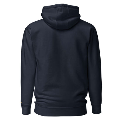 Felpa natale ricamata colore navy con cappuccio e tasca frontale, vista posteriore.