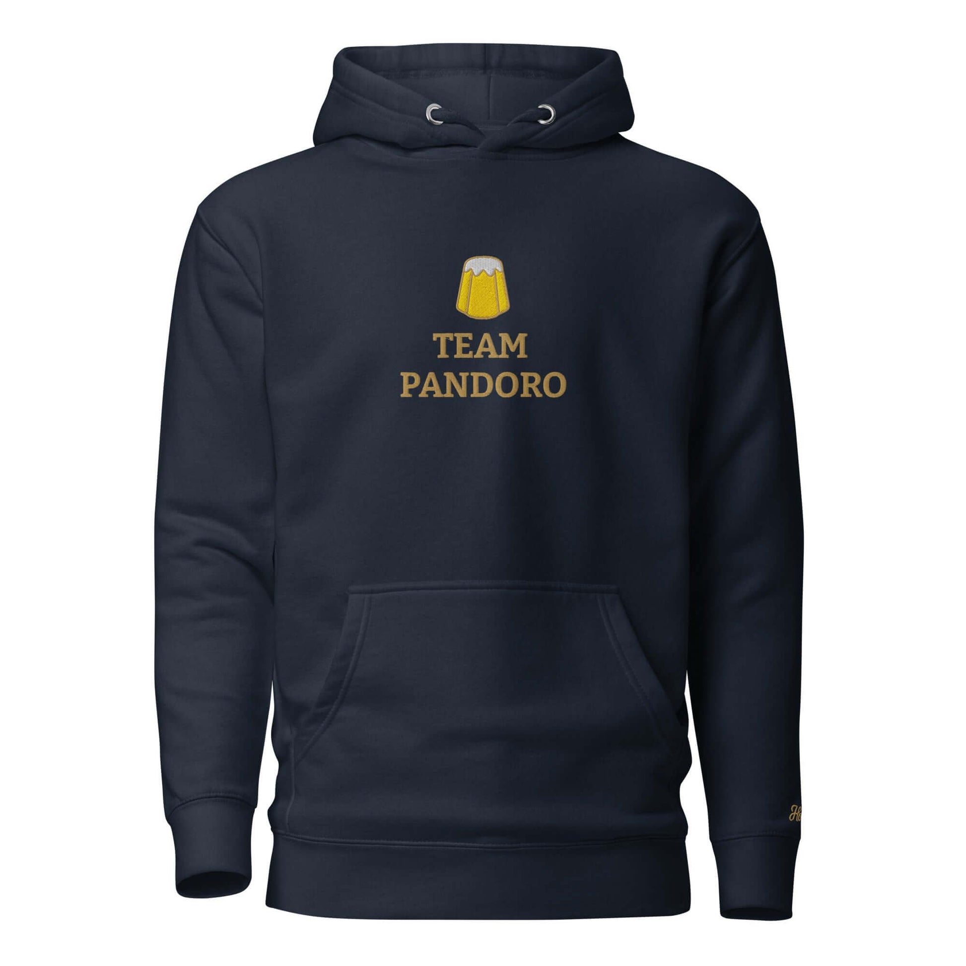 Felpa natale ricamata blu navy con cappuccio e logo "TEAM PANDORO" sul davanti.