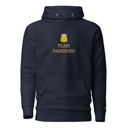 Felpa natale ricamata blu navy con cappuccio e logo "TEAM PANDORO" sul davanti.