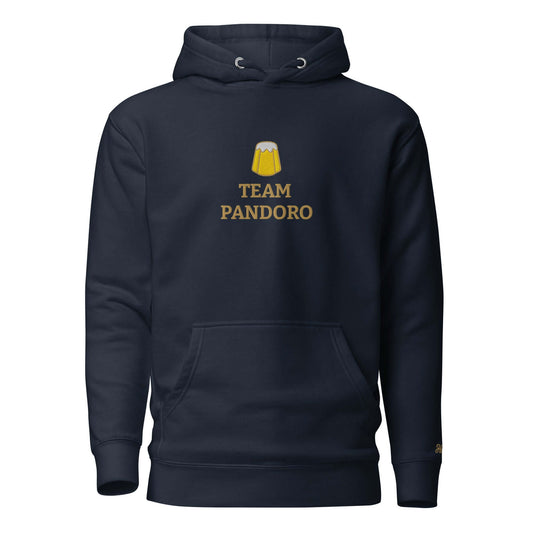 Felpa natale ricamata blu navy con cappuccio e logo "TEAM PANDORO" sul davanti.