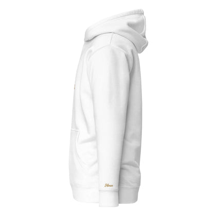 Felpa natale ricamata bianca con cappuccio e tasca, design streetwear elegante e confortevole.