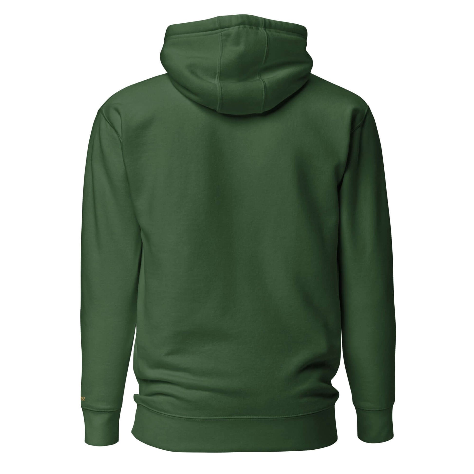 Felpa natale ricamata verde, vista posteriore con cappuccio e tasca frontale, perfetta per outfit streetwear.