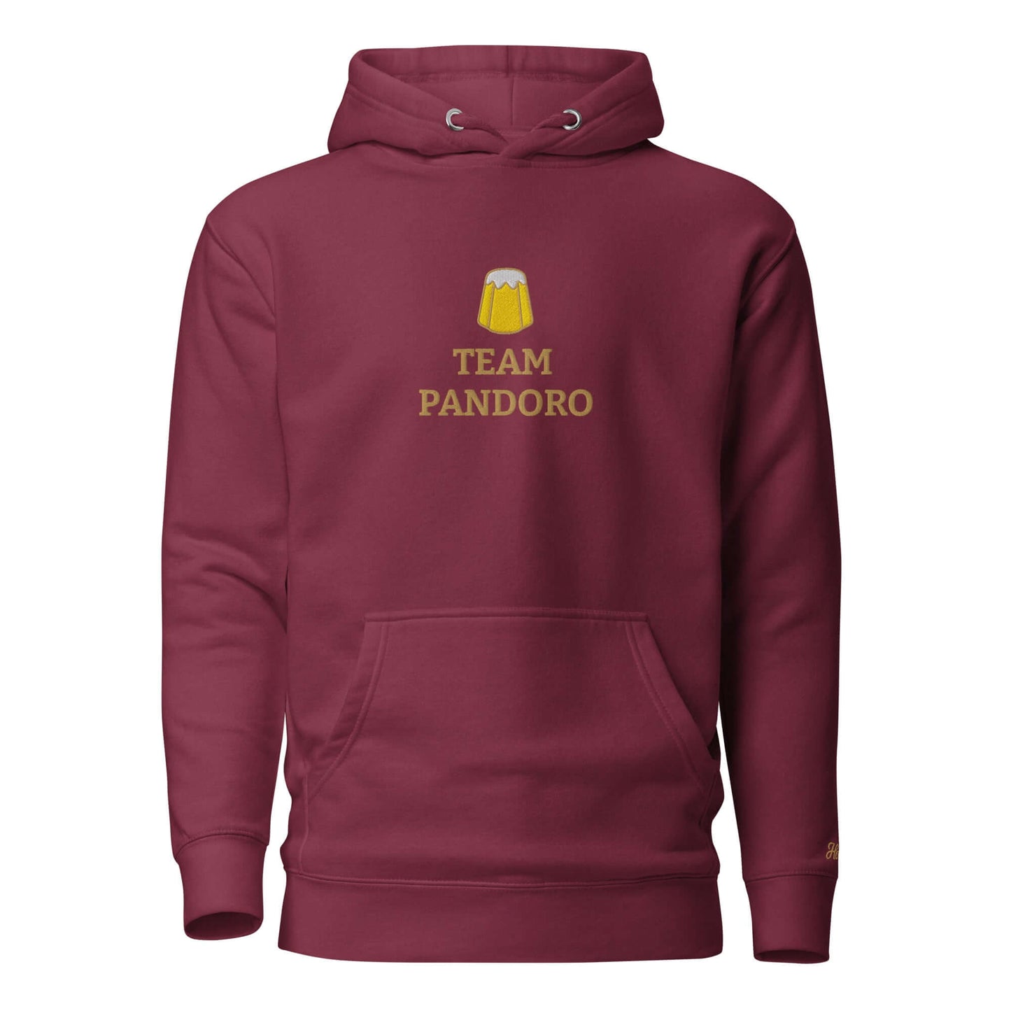Felpa natale ricamata 'Team Pandoro' in cotone, con cappuccio e tasca frontale, colore bordeaux.