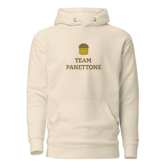 Felpa natale ricamata "Team Panettone" in cotone con cappuccio, tasca frontale e design cool.