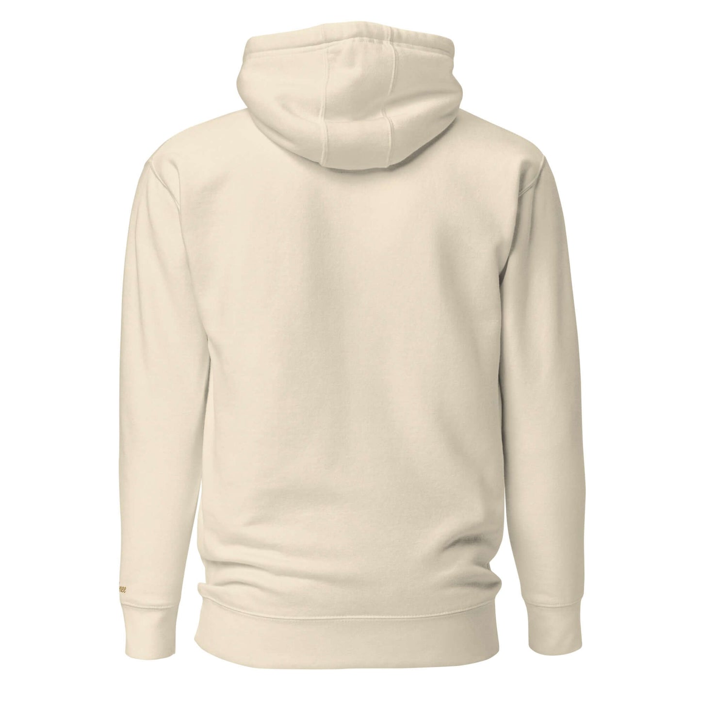 Felpa natale ricamata beige vista posteriore con cappuccio e tasca frontale.