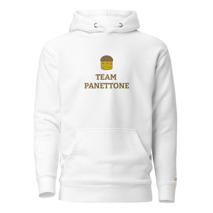 Felpa natale ricamata bianca con cappuccio e logo "Team Panettone" per uno stile streetwear festivo.