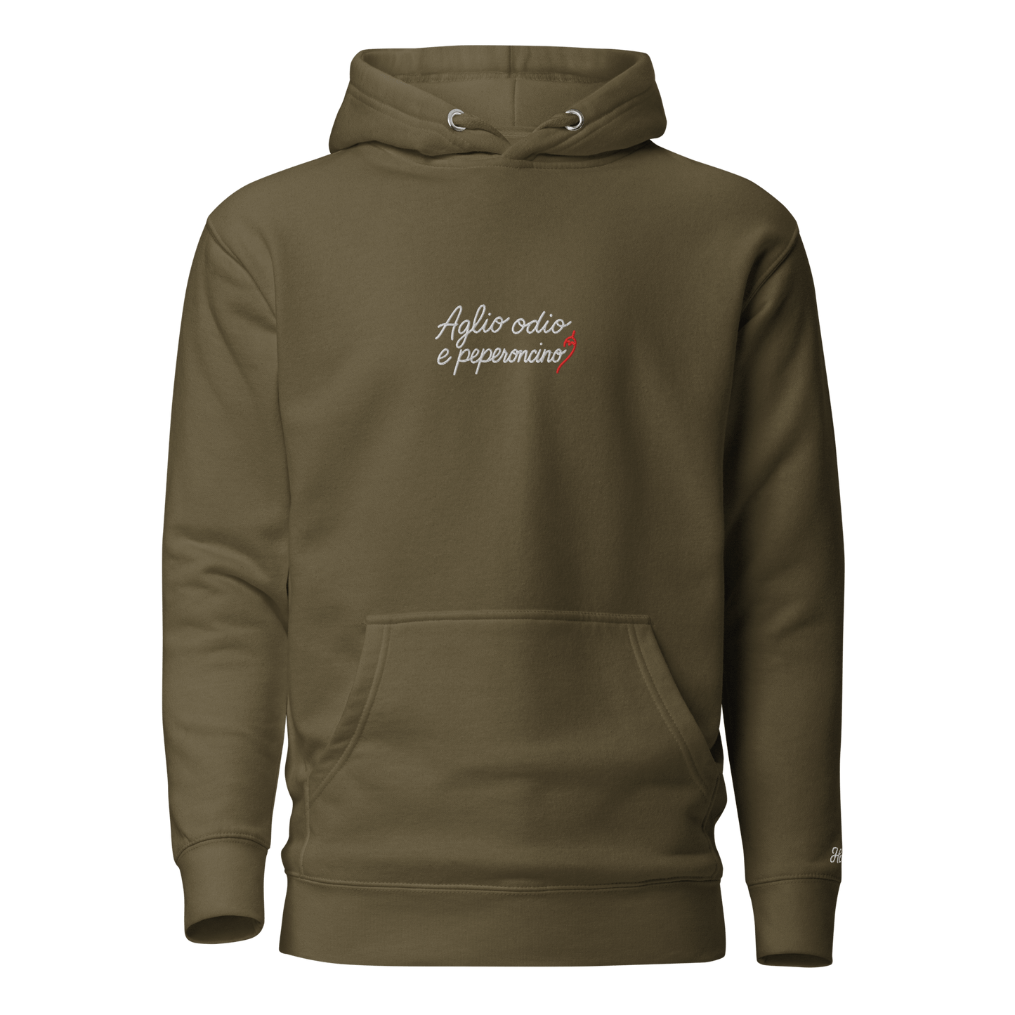 Felpa con cappuccio color camouflage, scritta ricamata "Aglio odio e peperoncino" sul petto.