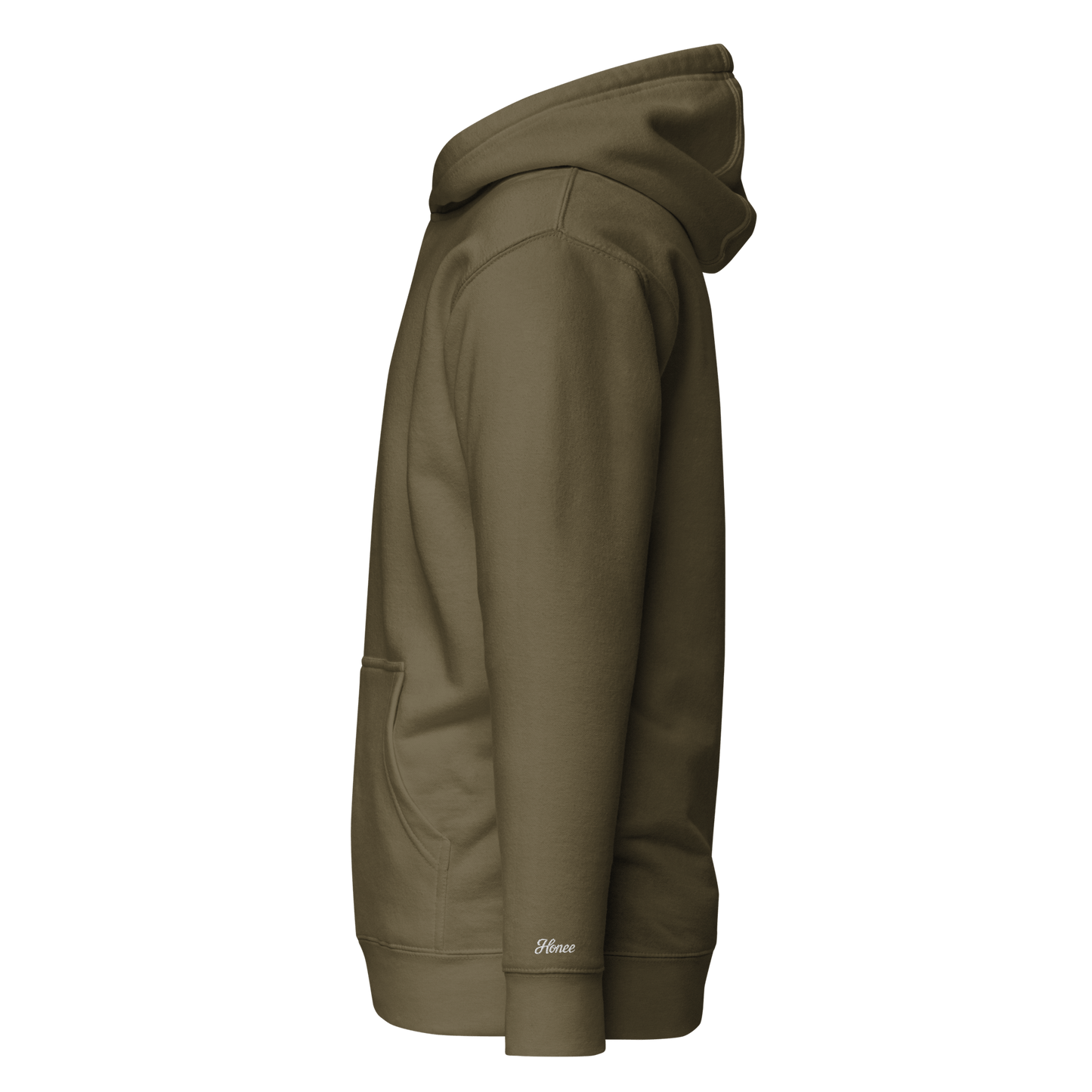 Felpa con cappuccio color kaki, vista laterale, ideale per un look casual e confortevole.