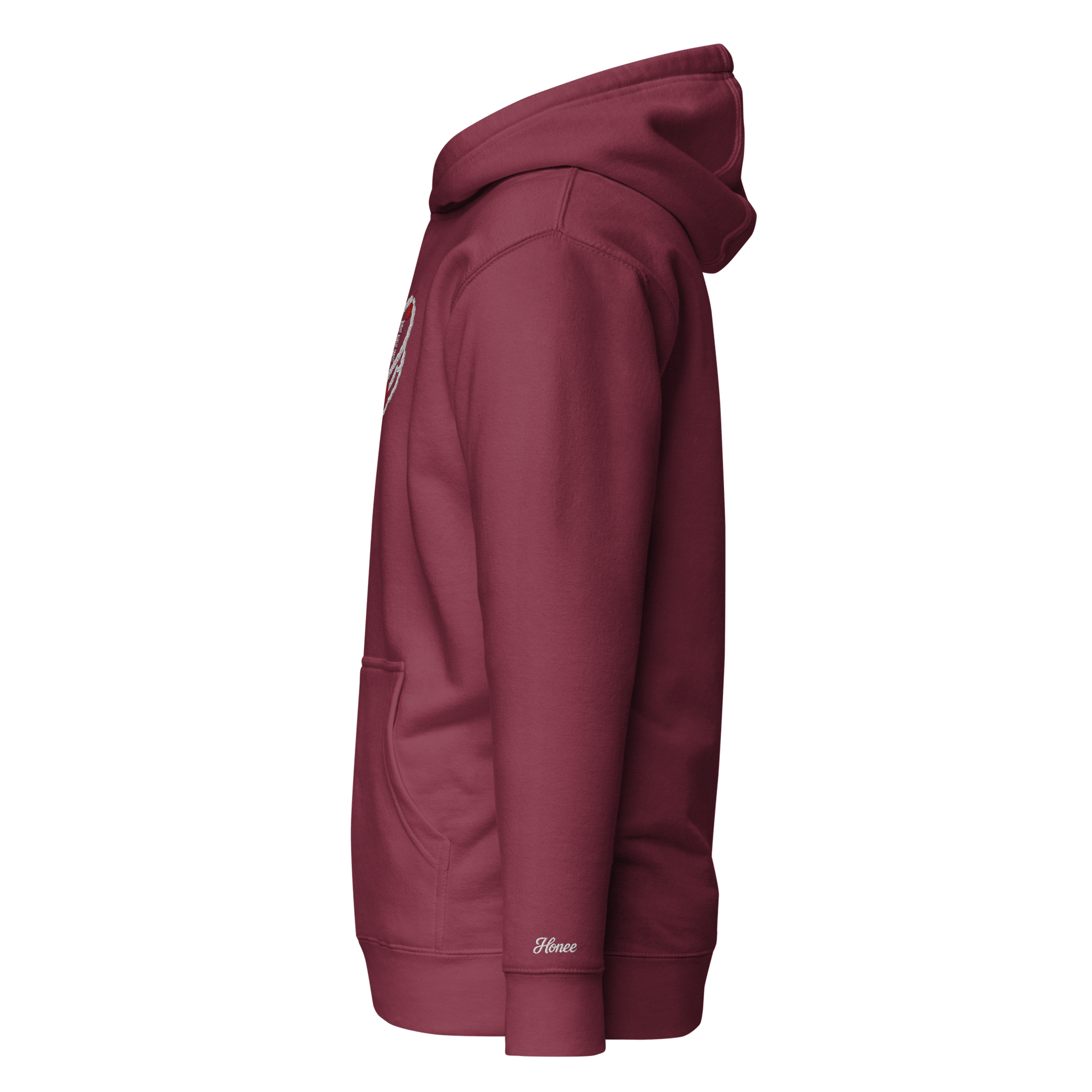Felpa ricamata compleanno colore bordeaux, vista laterale, con frase "Nel fiore dei miei drammi".