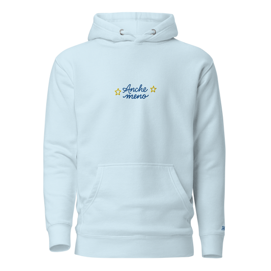 Felpa ricamata donna "Anche meno" in blu e giallo, morbida e comoda con cappuccio, ideale per uno stile casual.