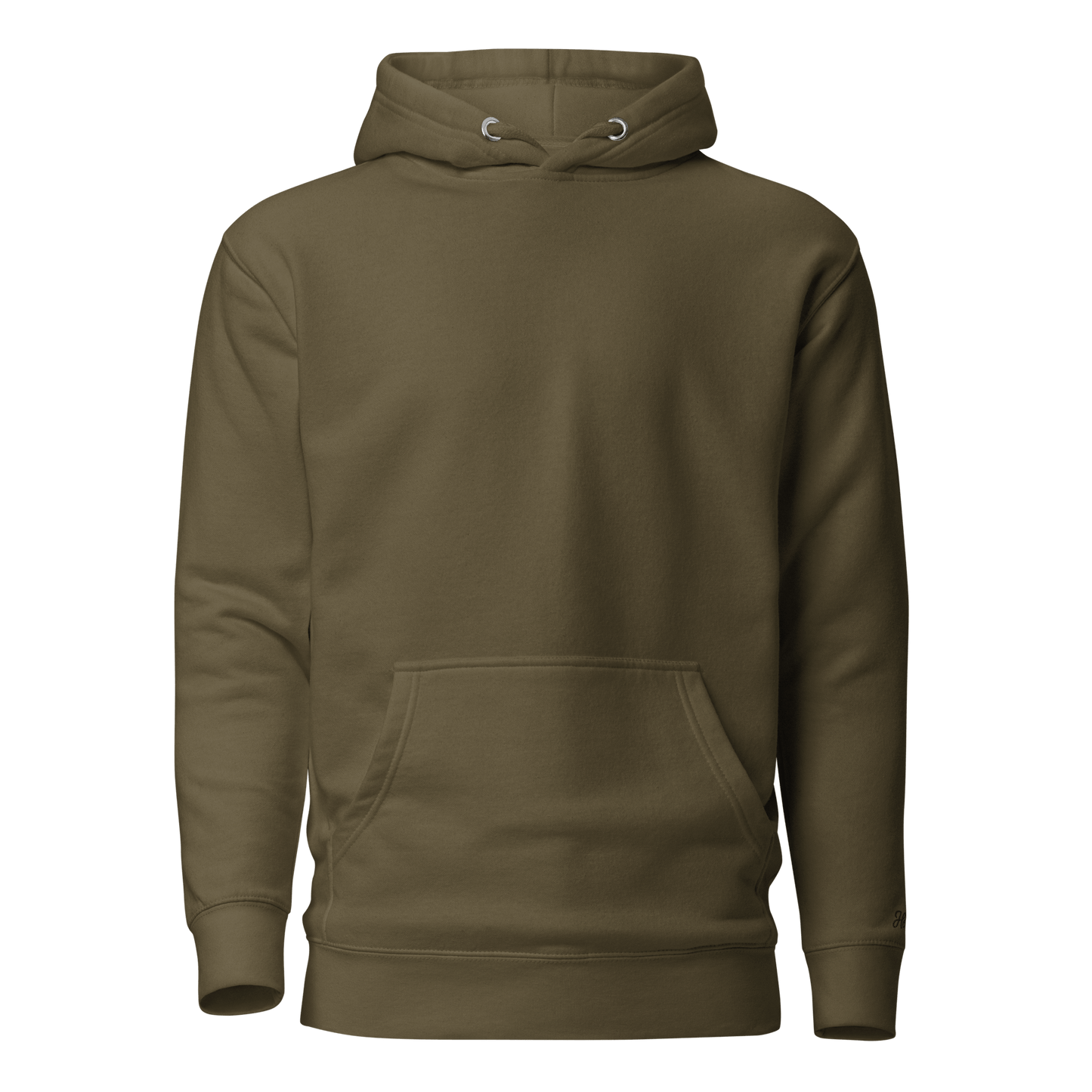 Felpa ricamata personalizzata con cappuccio, color oliva, calda e morbida, ideale per ogni occasione.