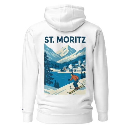 Felpa bianca con grafica vintage di sciatori a St. Moritz, ideale per amanti dell'inverno e dell'aprés-ski.