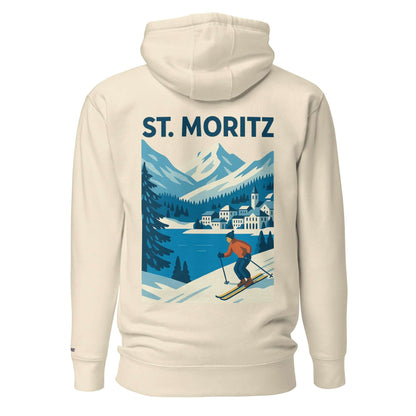 Felpa con cappuccio St. Moritz, grafica di un sciatore invernale su sfondo montano.