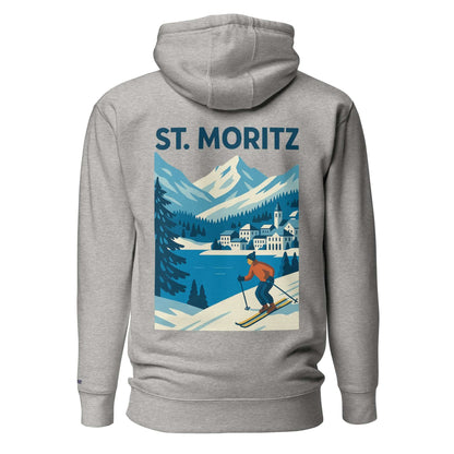 Felpa grigia con design St. Moritz, sciatore e montagne, perfetta per gli amanti degli sport invernali.