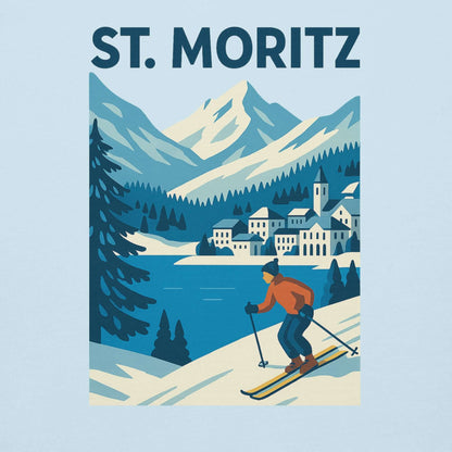 Illustrazione della felpa St. Moritz con uomo che scia in un paesaggio montano