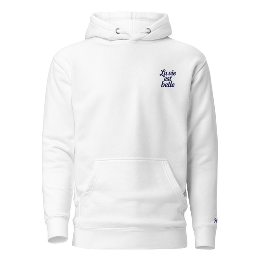 Felpa bianca con cappuccio ricamata "La vie est belle", elegante e confortevole, ideale per stile e viaggi.