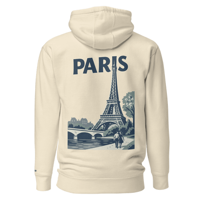 Felpa con cappuccio beige con stampa della Torre Eiffel e la scritta PARIS, elegante e comoda.