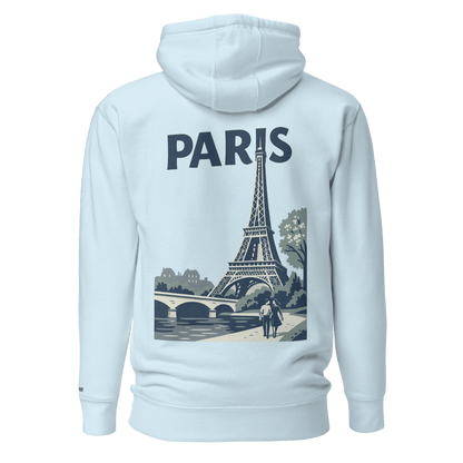 Felpa con cappuccio blu chiaro con stampa della Torre Eiffel e la scritta 'PARIS' sul retro.