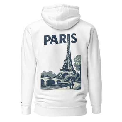 Felpa bianca con retro raffigurante la Torre Eiffel e la scritta 'PARIS', un simbolo di eleganza e stile.