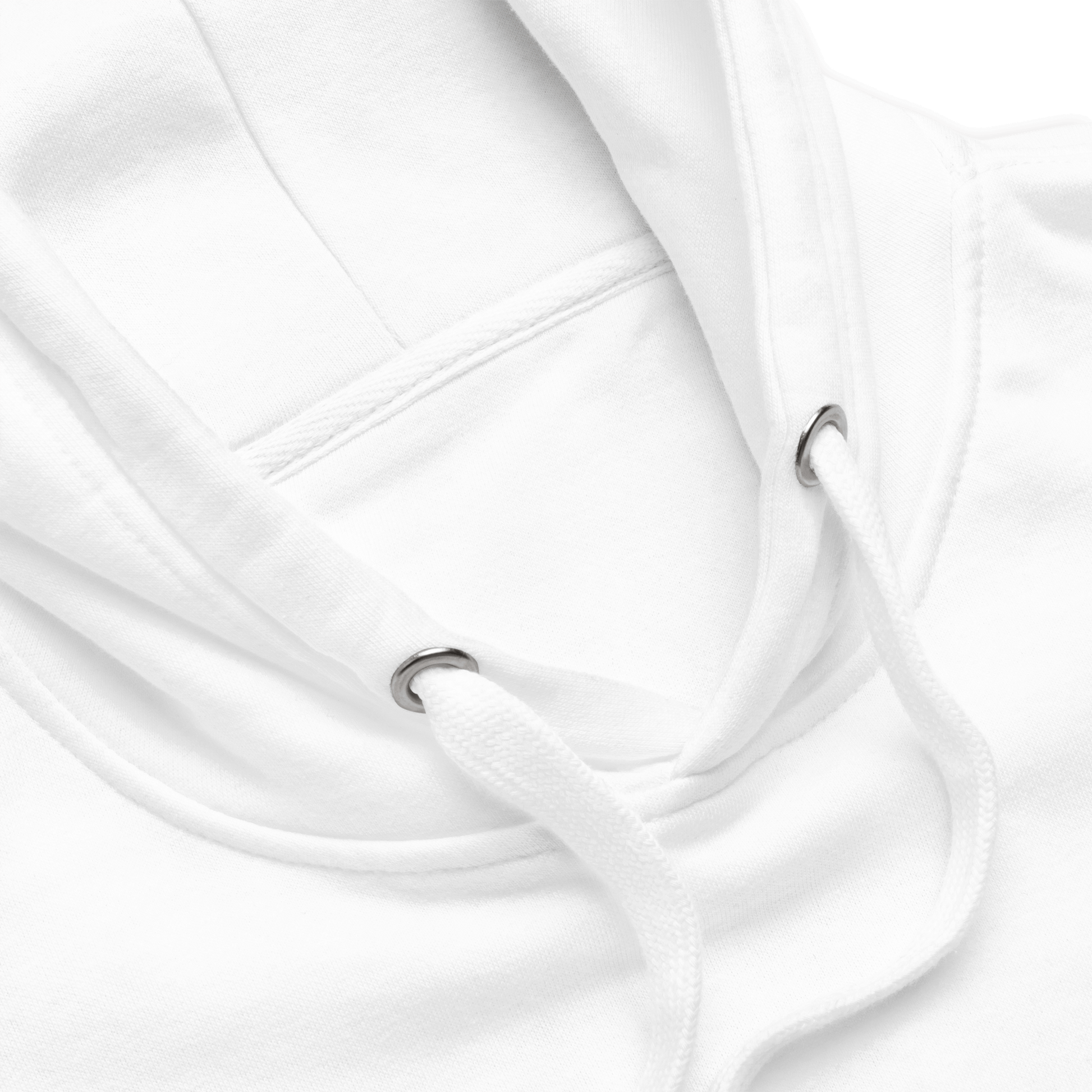 Dettaglio felpa bianca con cappuccio, elegante e morbida, perfetta per il viaggio e il relax.