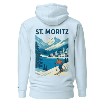 Felpa St. Moritz ricamata con sci e montagna, ideale per appassionati di aprés-ski e avventure invernali.