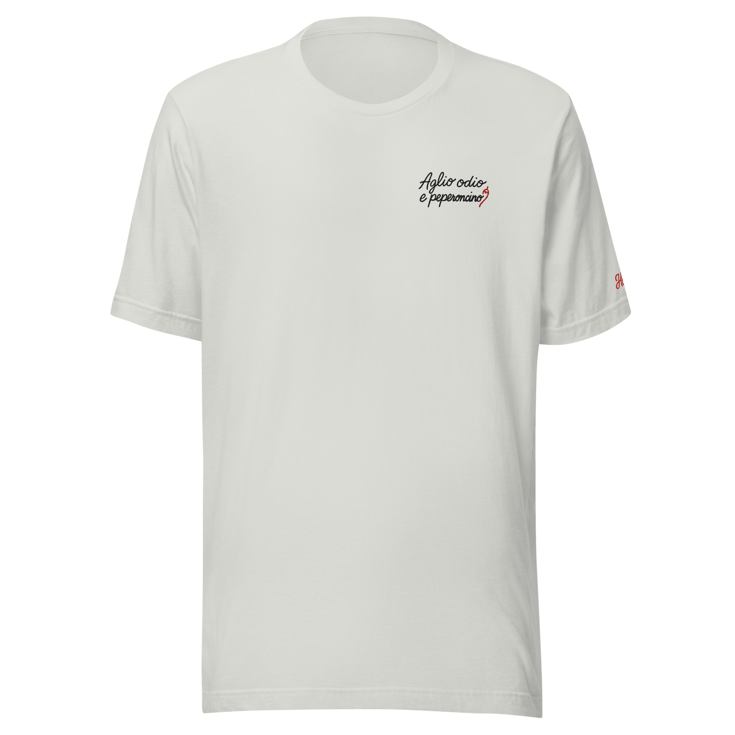 Maglietta bianca ricamata donna "Aglio odio e peperoncino", un mix di stile e ironia per un look casual.