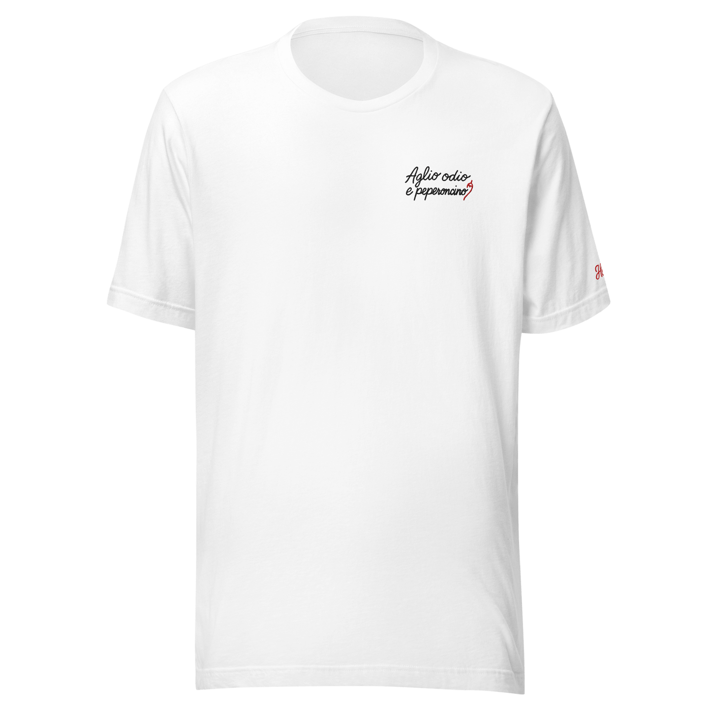 Maglietta bianca con ricamo "Aglio odio e peperoncino" per un look casual e ironico.