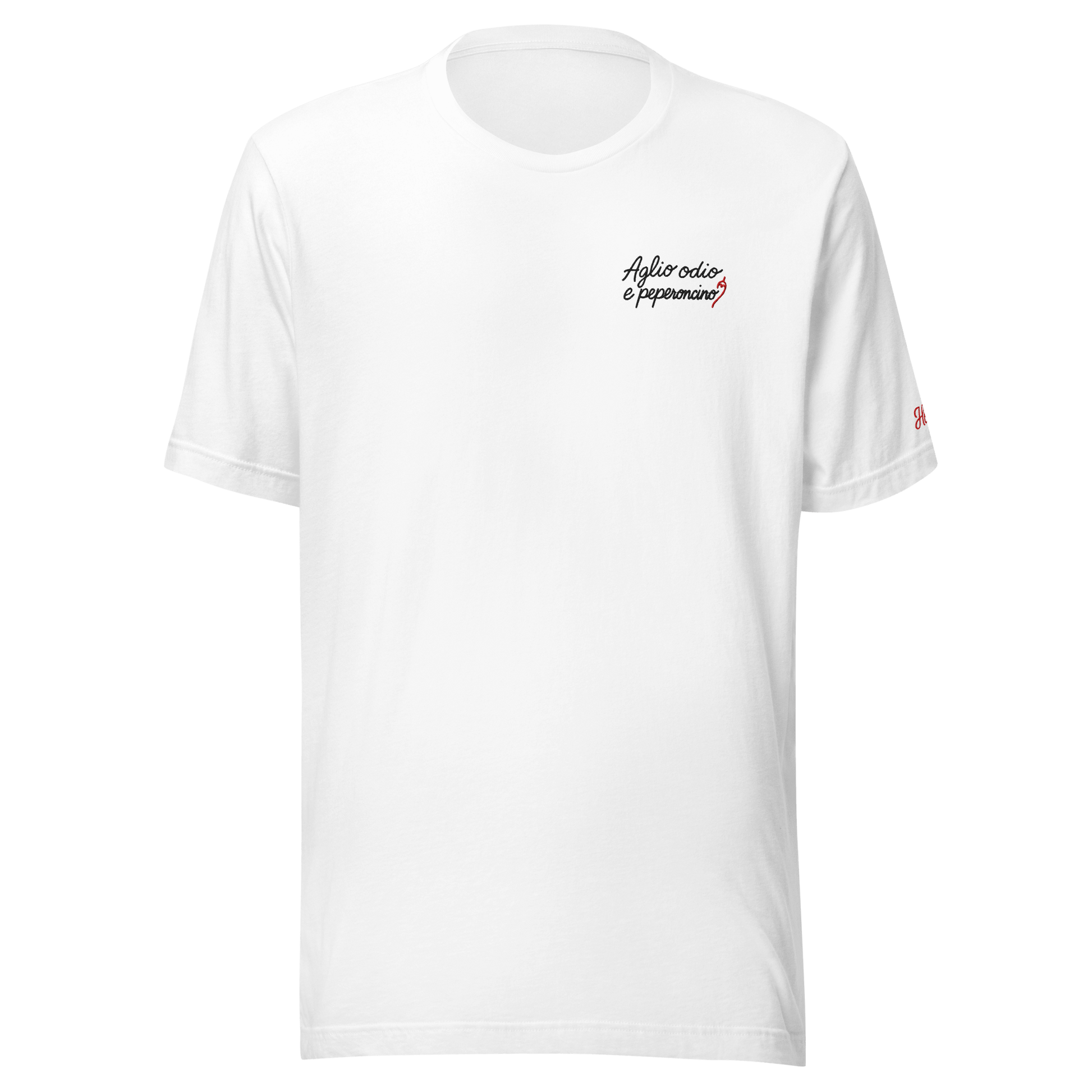 Maglietta bianca con ricamo "Aglio odio e peperoncino" per un look casual e ironico.