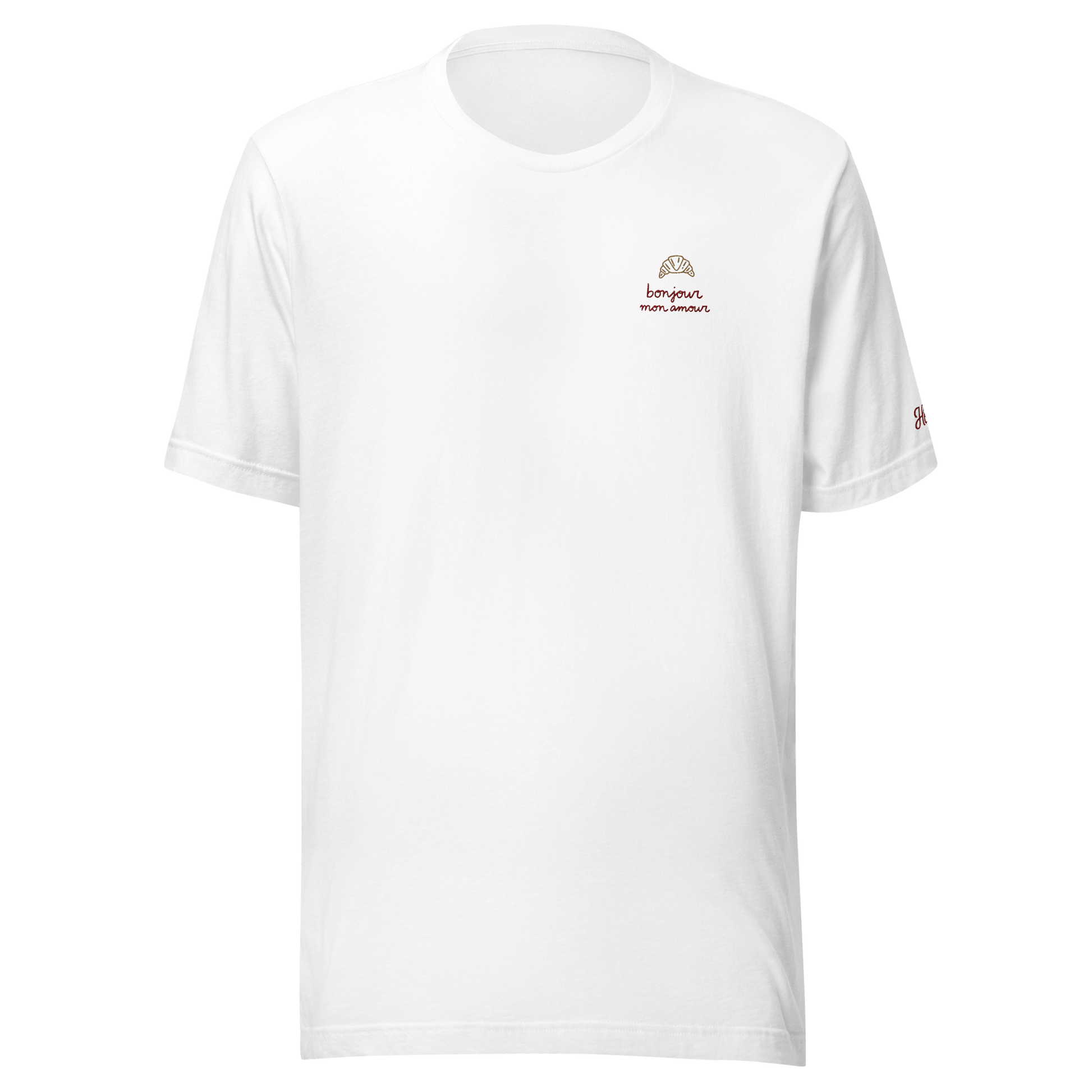 Maglietta bianca ricamata da donna "Bonjour mon amour" con design elegante e dettagli sottili.