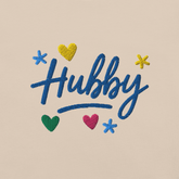 Ricamo colorato "Hubby" su maglietta, con cuori e stelle, ideale per il marito.