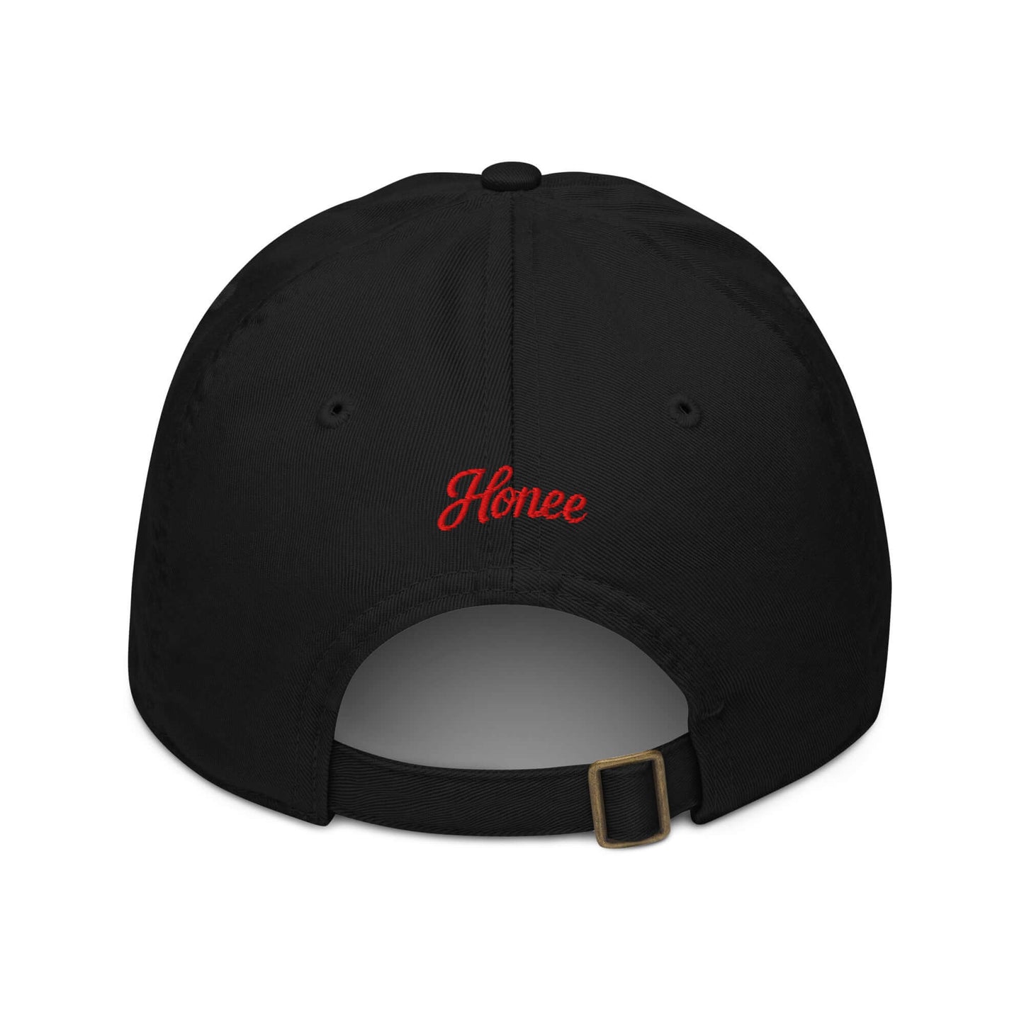 Cappellino ricamato in tessuto organico con ricamo rosso "Honee" sulla parte posteriore, ideale per ogni occasione.