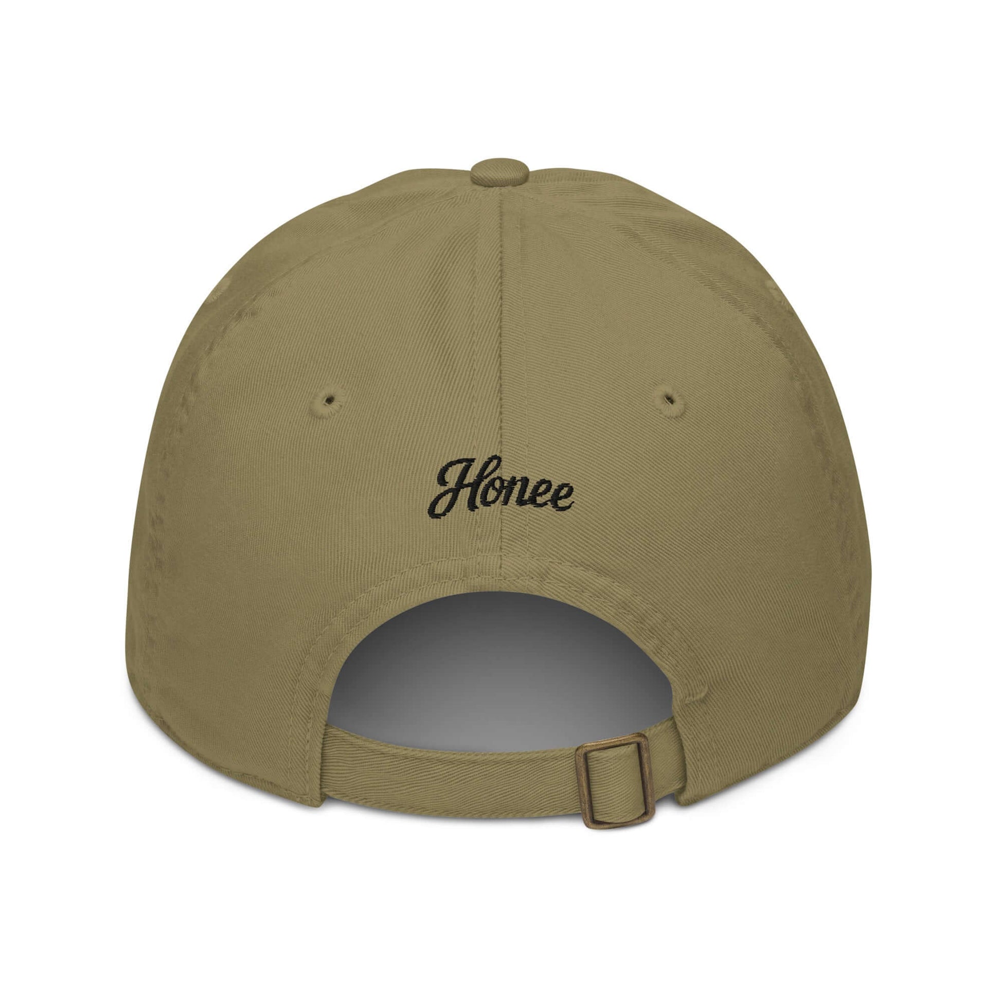 Cappellino ricamato in tessuto organico color khaki con scritta 'Honey' sul retro