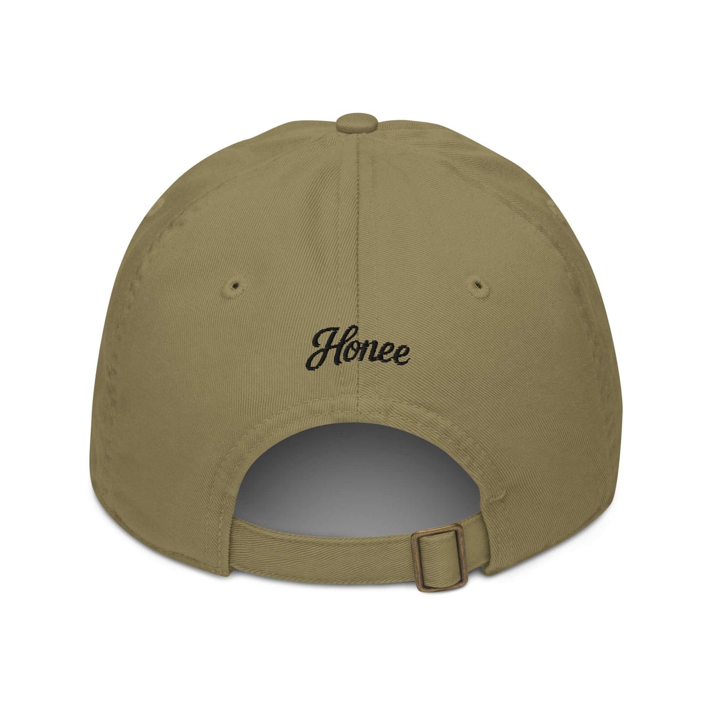 Cappellino ricamato in tessuto organico beige con logo Honee sul retro, design elegante e audace.