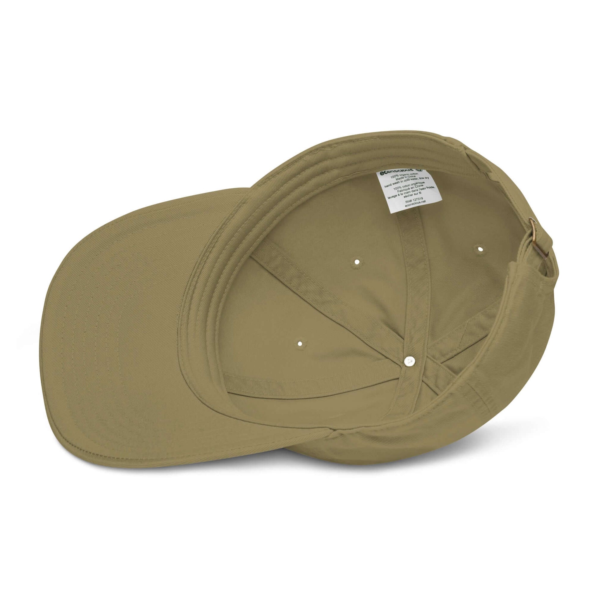 Cappellino ricamato in tessuto organico 'Gna faccio', visto dall'alto, colore sabbia, comfort e sostenibilità.