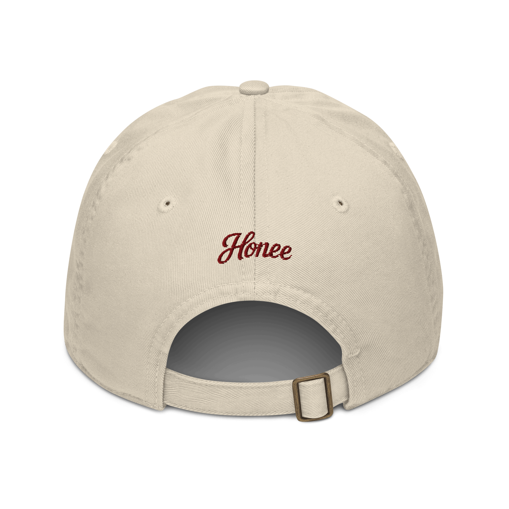Cappellino ricamato in tessuto organico con design elegante sul retro, ideale per look casual.