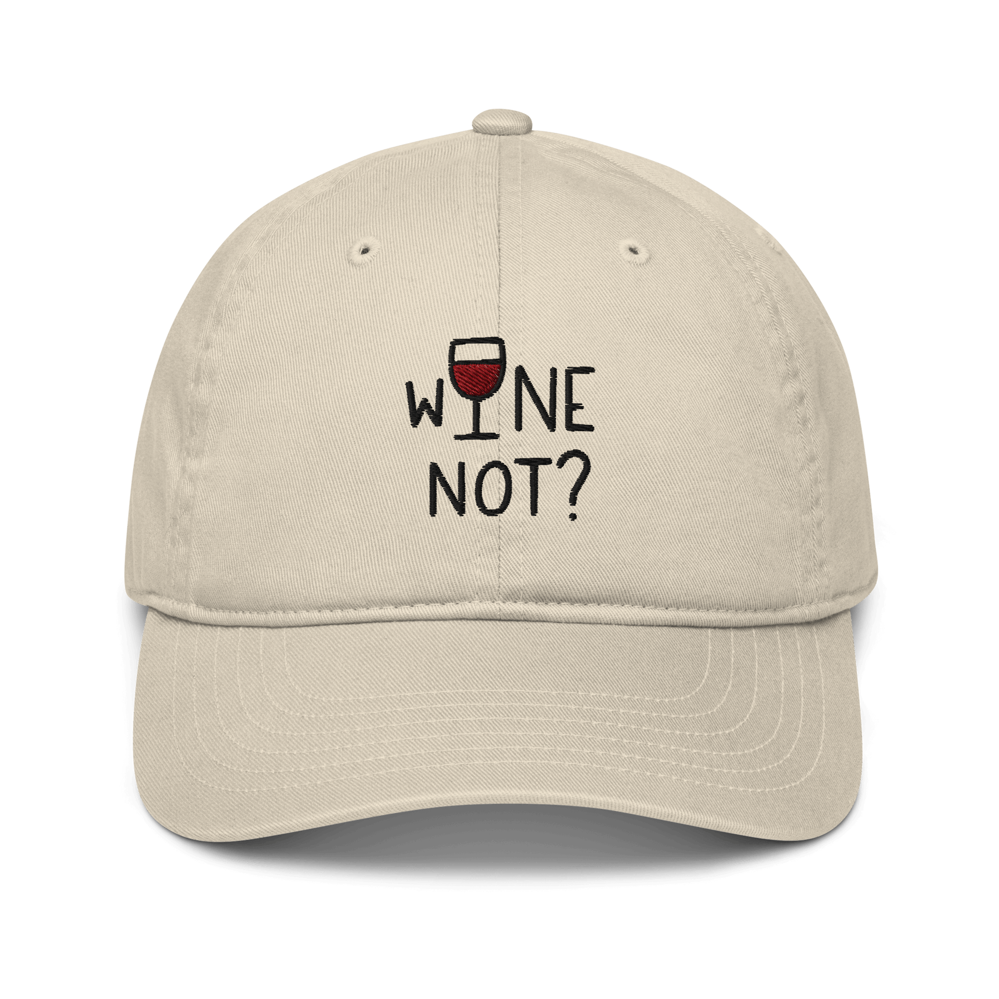 Cappellino ricamato in tessuto organico con scritta "Wine not?" perfetto per uno stile casual.