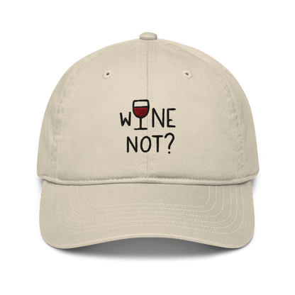 Cappellino ricamato in tessuto organico con scritta "Wine not?" perfetto per uno stile casual.