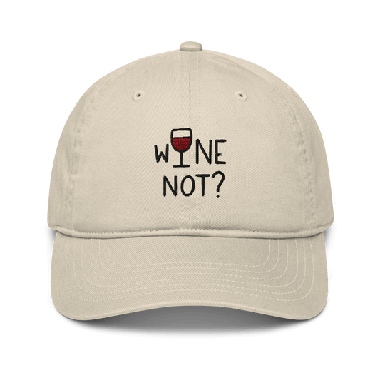 Cappellino ricamato in tessuto organico con scritta "Wine not?" perfetto per uno stile casual.