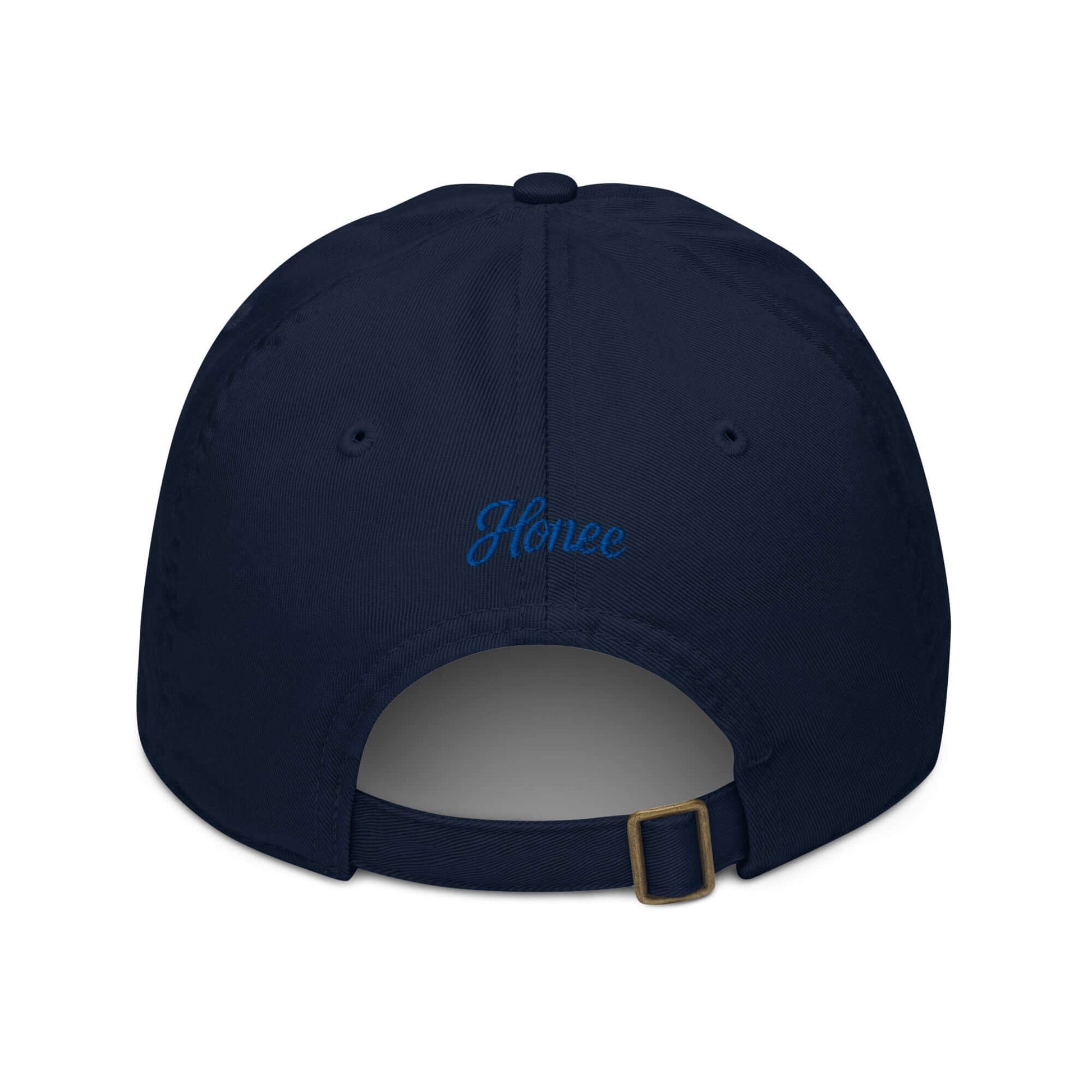 Cappellino ricamato in tessuto organico, vista posteriore; colore blu navy con scritta 'Honey'.