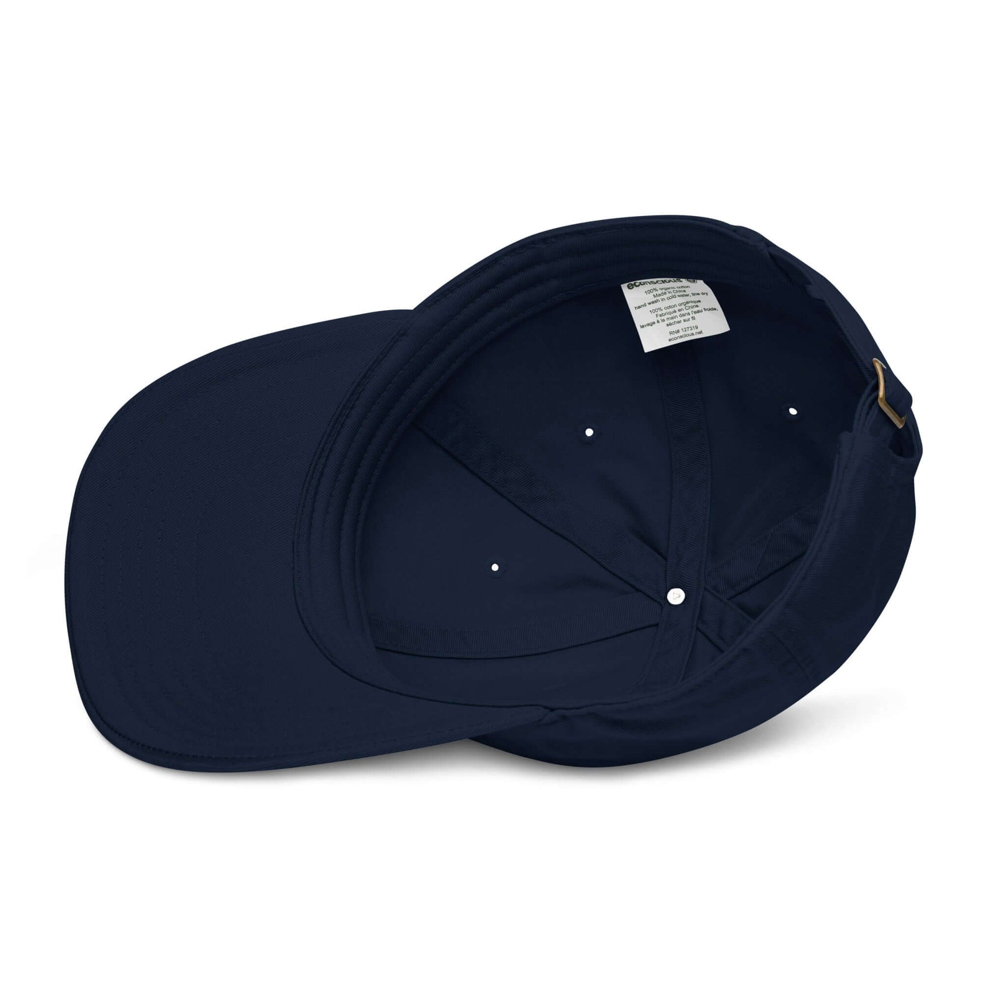 Cappellino ricamato in tessuto organico, vista interna, design minimal e comodo.