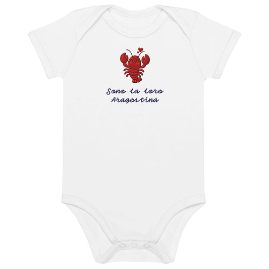 Body neonato bianco ricamato "Sono la vostra aragostina" in cotone organico per bambini attivi.