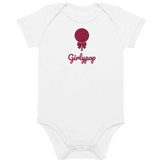 Body neonato ricamato "Girlypop" con lecca-lecca, in cotone organico, stile unico e ironico.