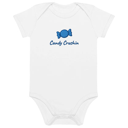 Body neonato ricamato "Candy Crushin" in cotone organico, manica corta e design dolce.