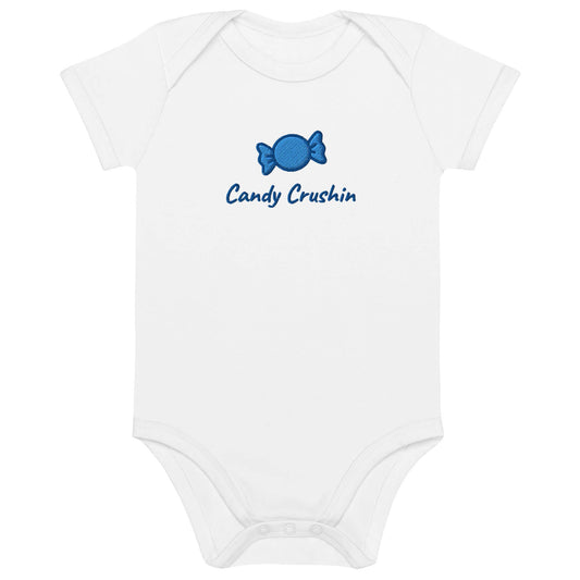 Body neonato ricamato "Candy Crushin" in cotone organico, manica corta e design dolce.