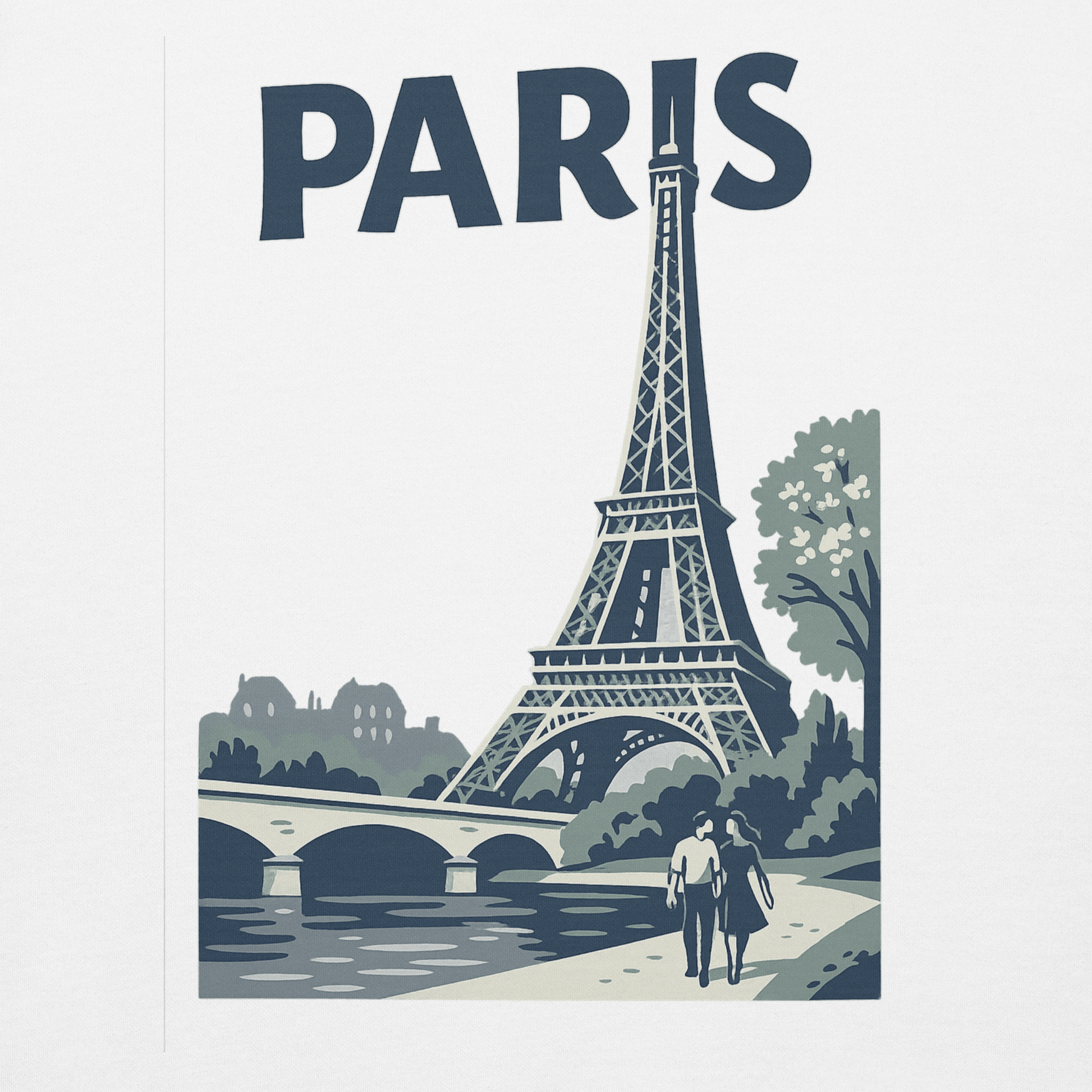 Felicità a Parigi con la Torre Eiffel, coppia in passeggiata sotto il titolo 'PARIS'.