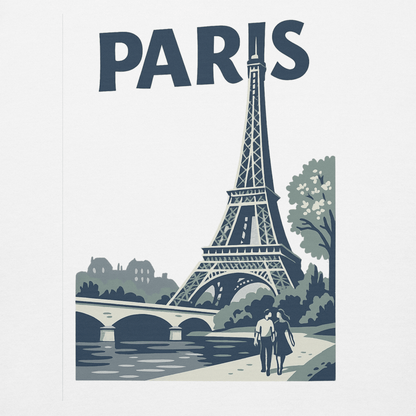 Felicità a Parigi con la Torre Eiffel, coppia in passeggiata sotto il titolo 'PARIS'.