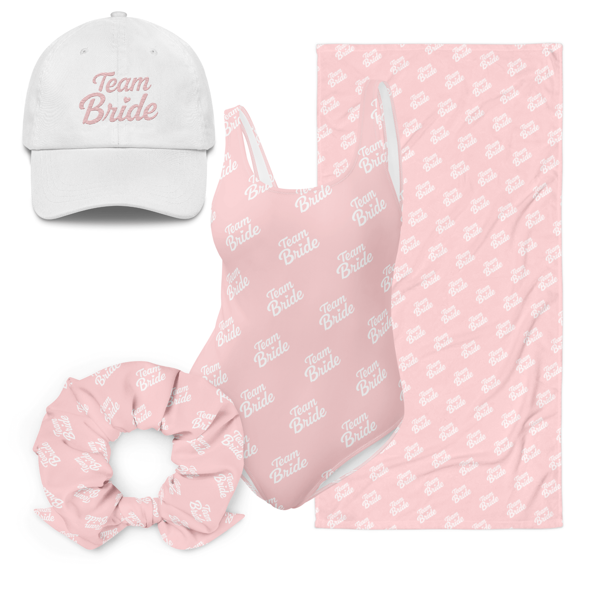 Set Beach Team Bride con cappellino, costume e telo mare per un addio al nubilato indimenticabile.