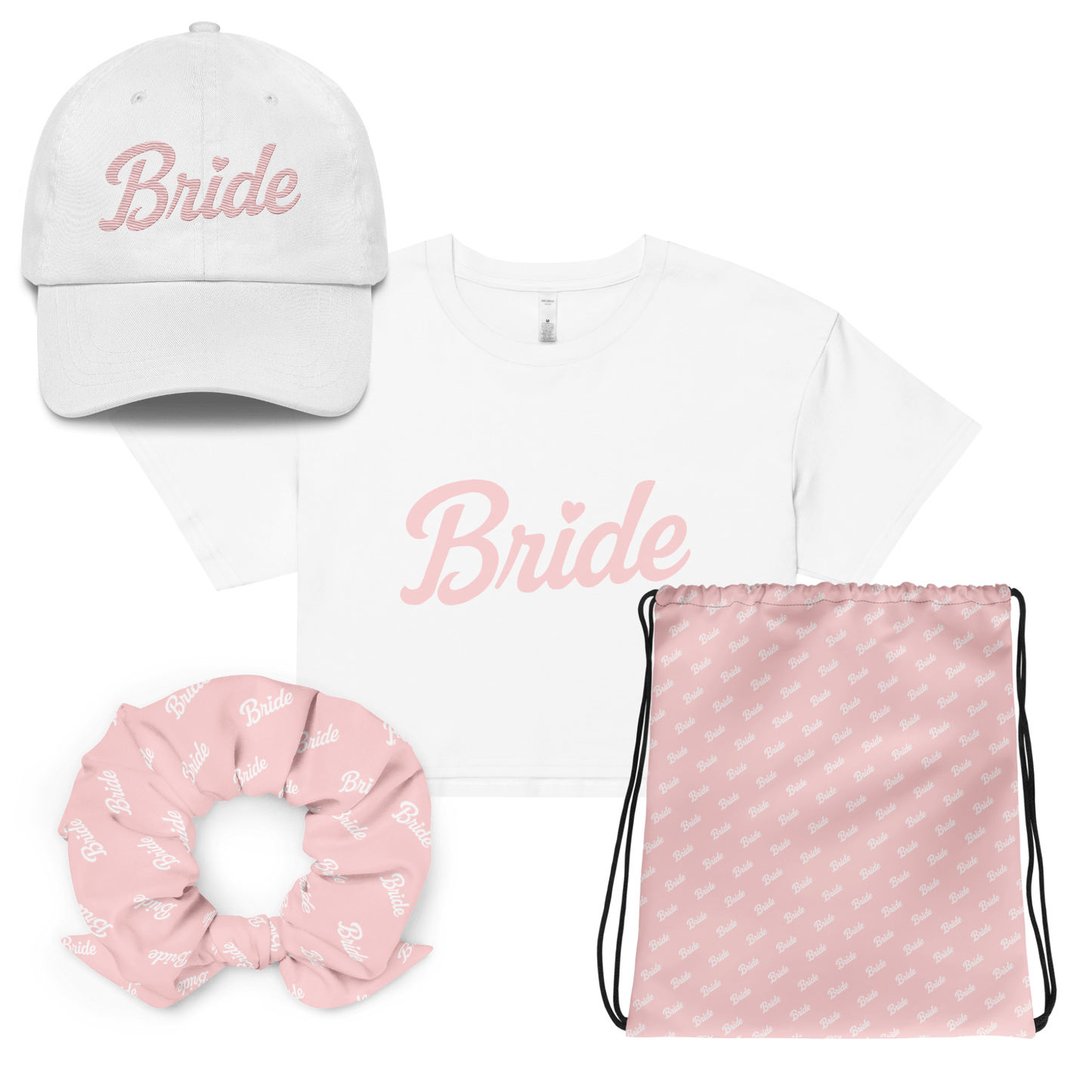 Kit sposa con cappellino, maglietta e accessori in rosa, perfetto per l'addio al nubilato e feste pre-wedding.