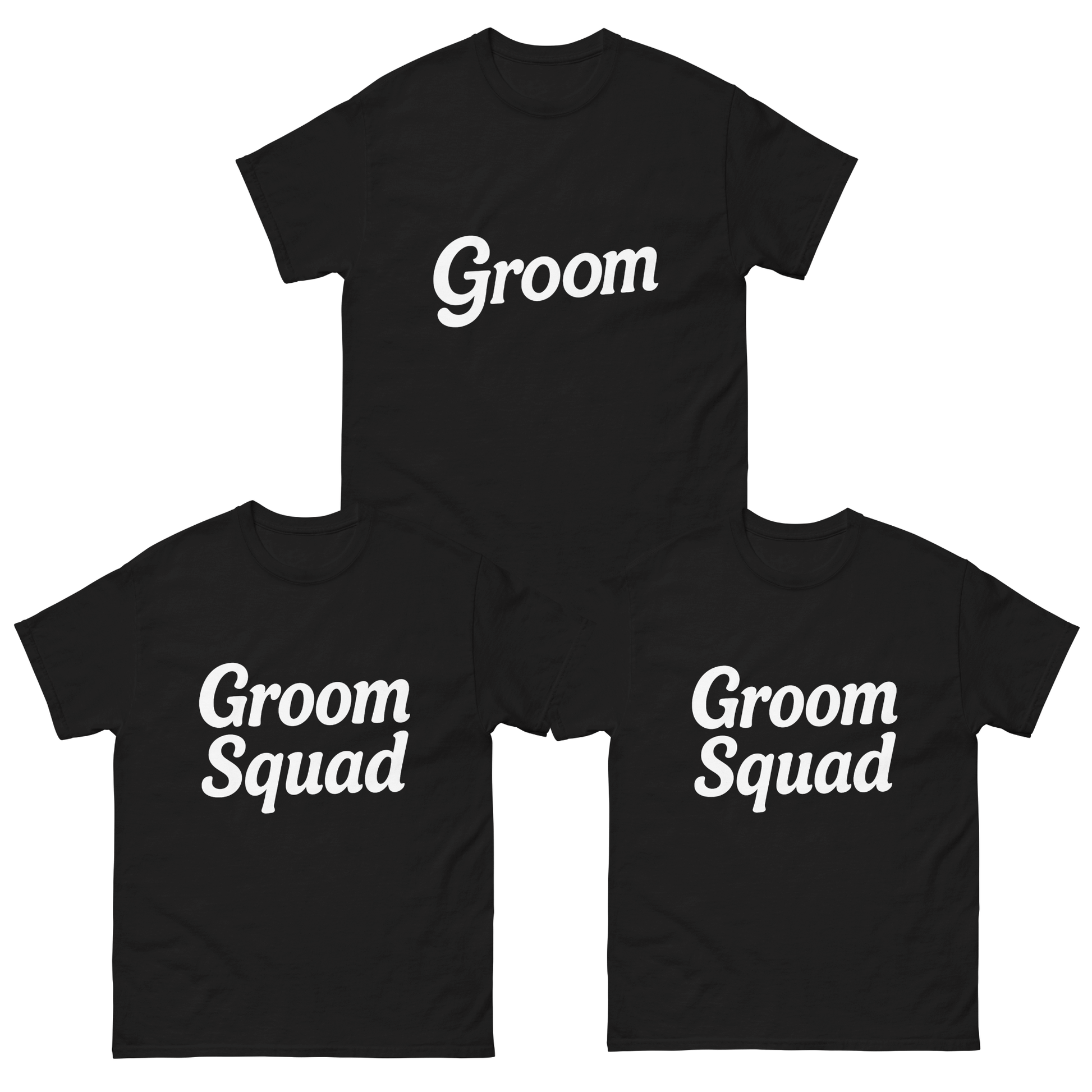 Set di t-shirt nere per addio al celibato: una “Groom” e due “Groom Squad”, ideali per lo sposo e il suo team.